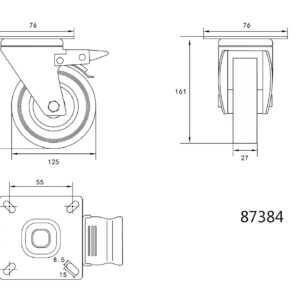 ROATĂ PIVOTANTĂ DE 125MM CU CAUCIUC GRI ȘI FRÂNĂ
